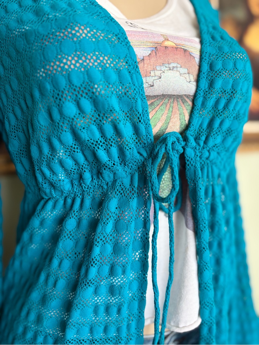 Jantzen Teal Crochet Eyelet Swimsuit Coverup Women’s Size L Boho Chic Fairycore - Picture 6 of 16